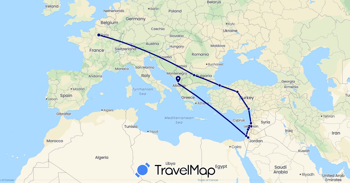TravelMap itinerary: driving in Albania, Bulgaria, France, Israel, Lebanon, Turkey (Asia, Europe)